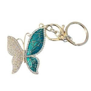 Butterfly Keychain Purse Charm Rhinestone Teal Gold‎ Car Key Chain